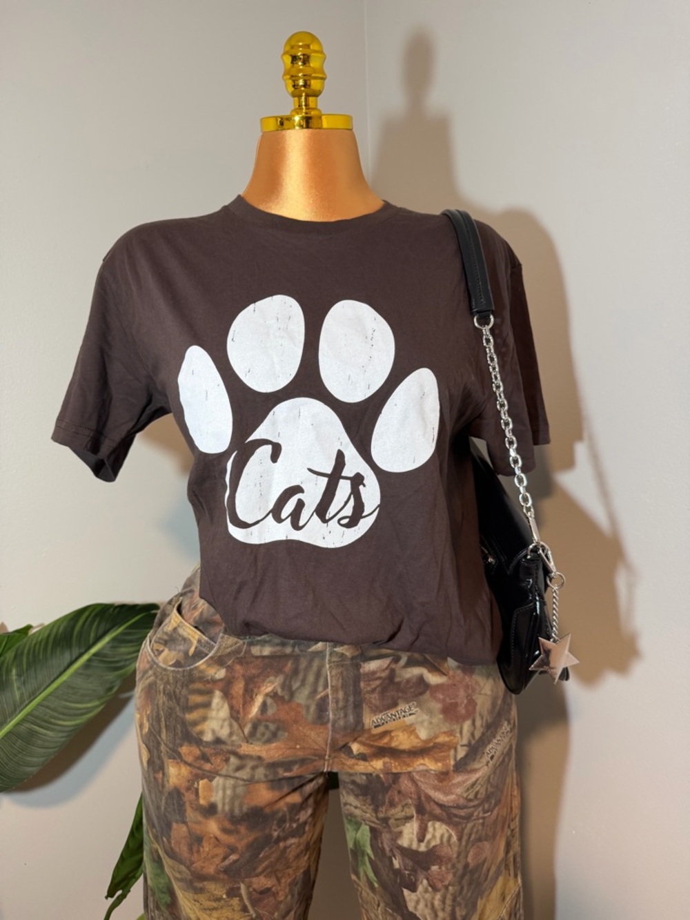 Next Level Apparel Brown Tee with White Paw & "Cats" Script